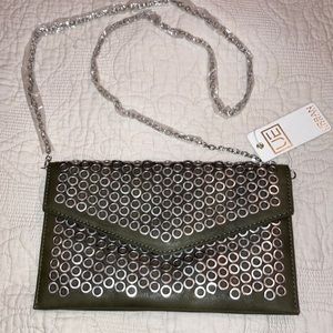Certified Vegan olive green and metal clutch with removable strap
